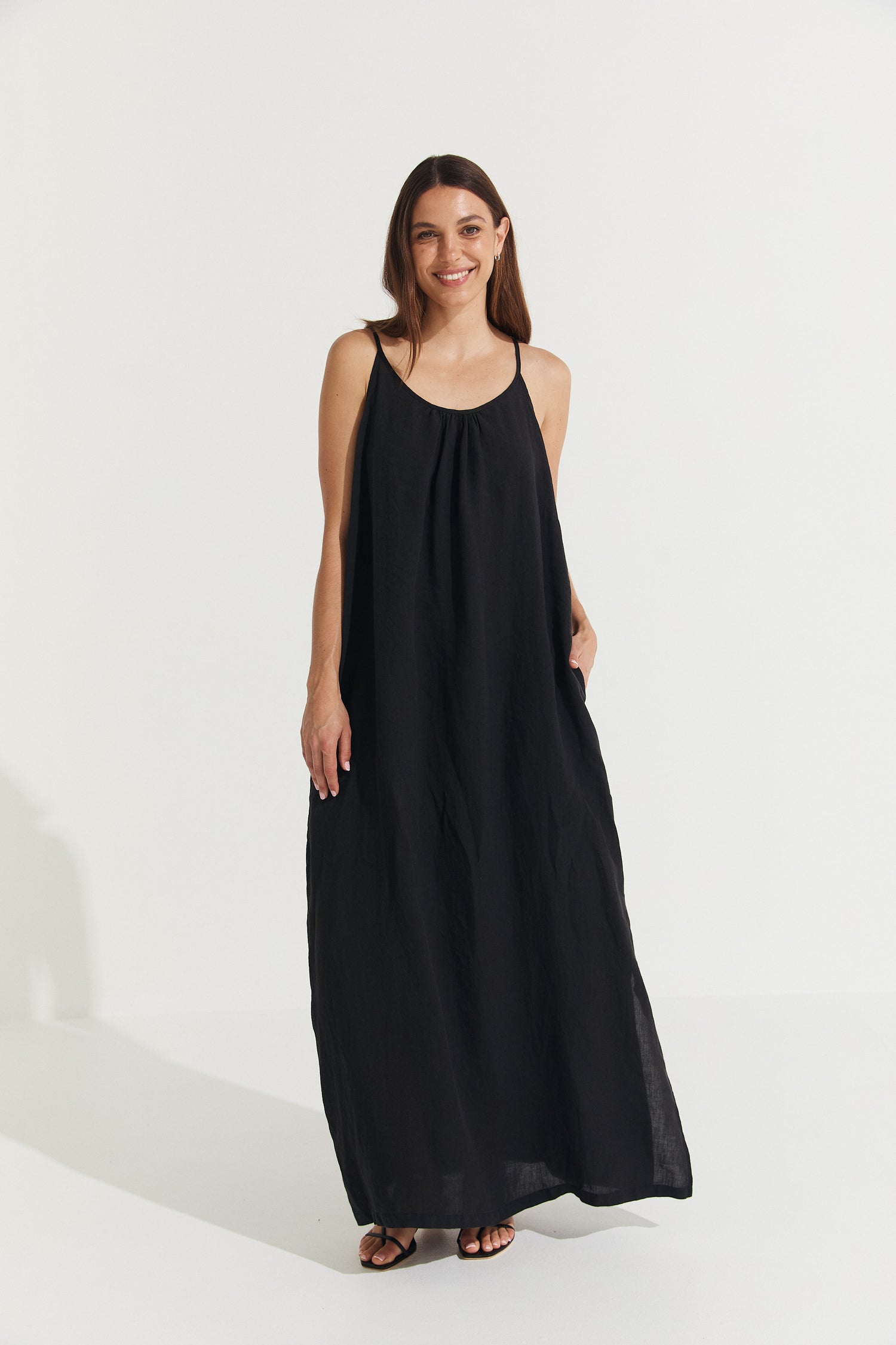 Montaigne Virginie Linen Maxi Dress with Side Splits Black1
