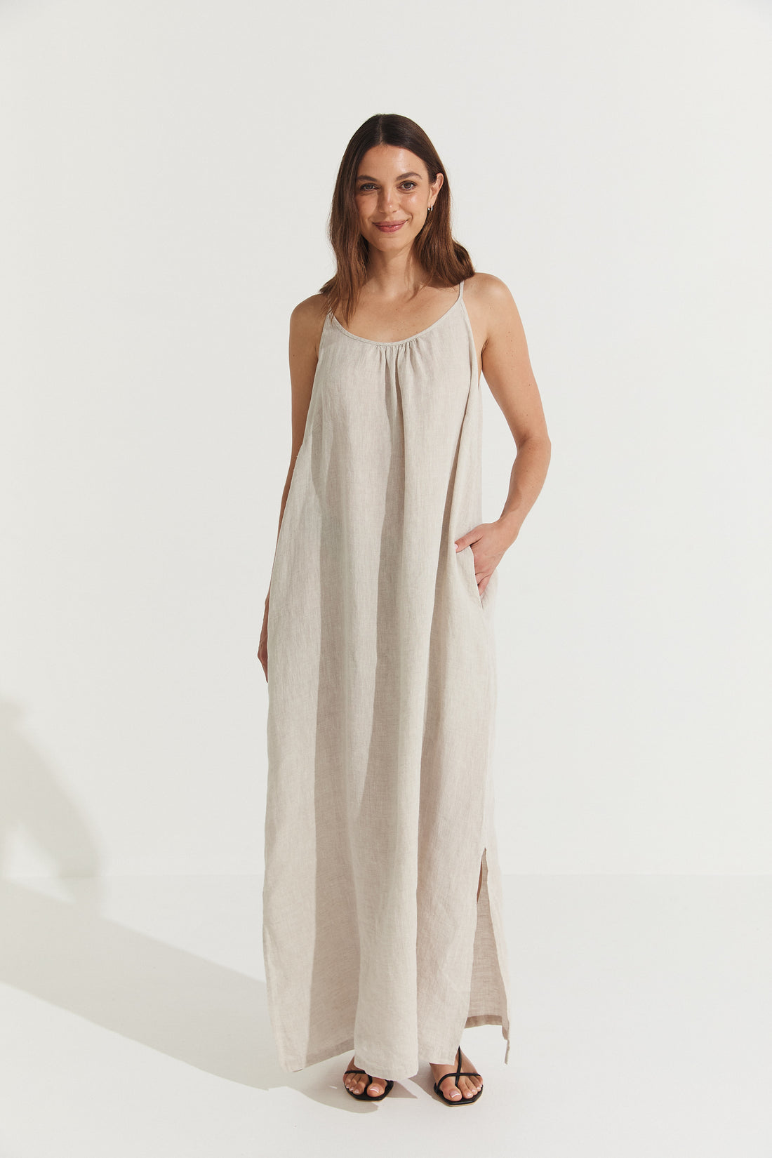 Montaigne Virginie Linen Maxi Dress with Side Splits Natural