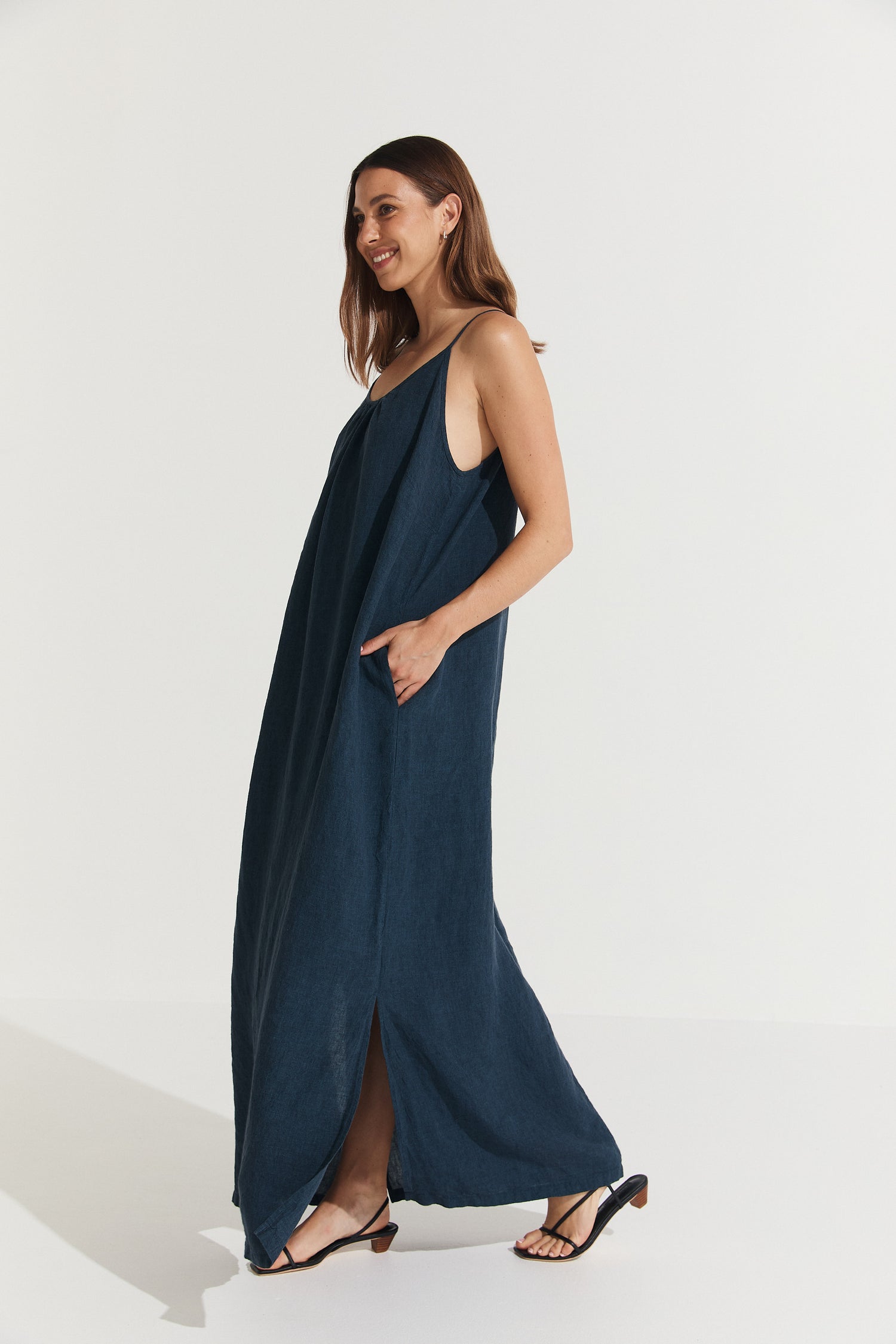 Montaigne Virginie Linen Maxi Dress with Side Splits Navy2