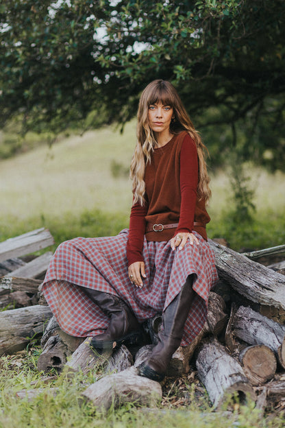 Montaigne Women’s Red Check Linen Pants – 100% French Linen Relaxed Fit Red11