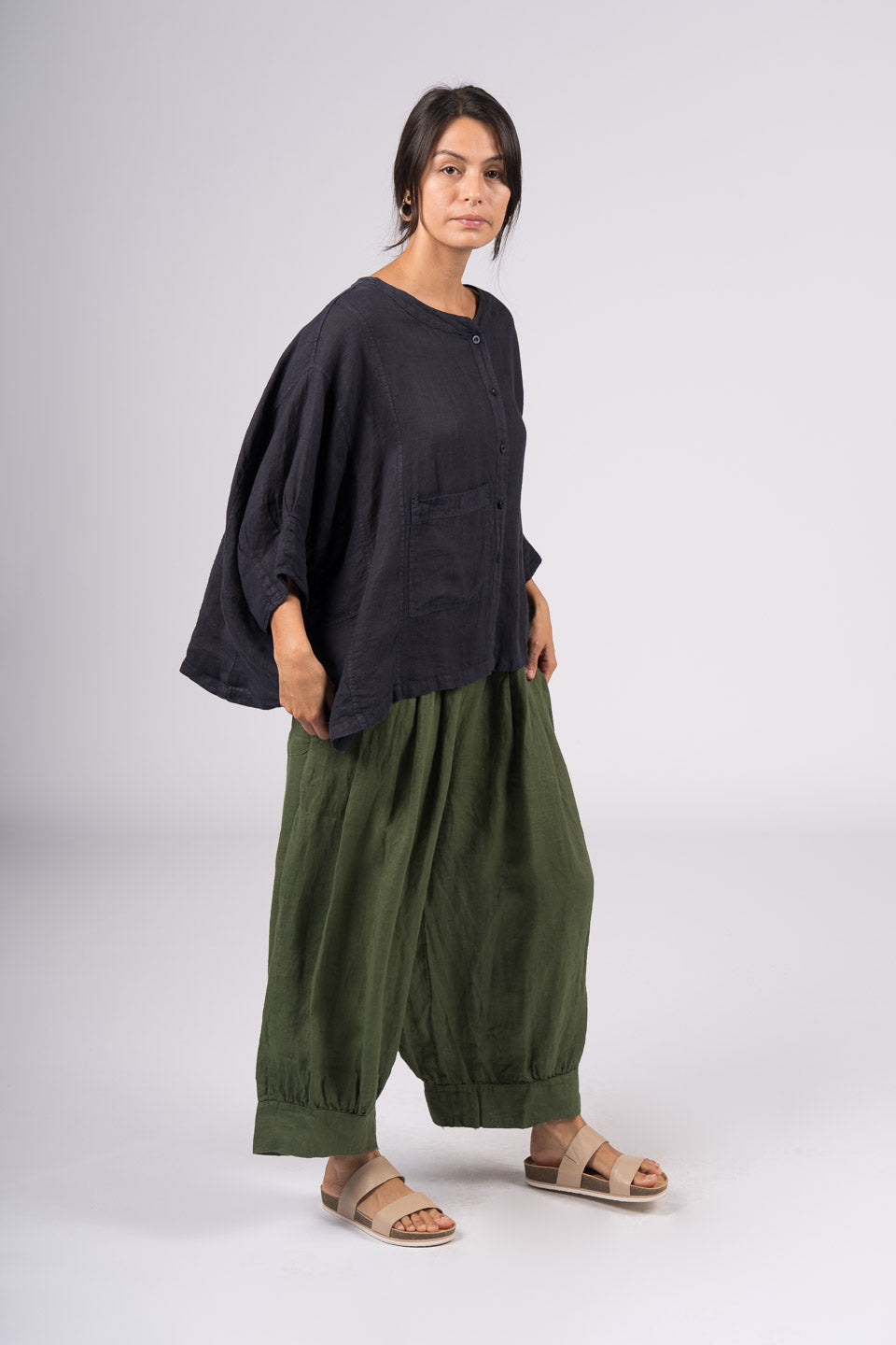 Montaigne Agathe Short Sleeve Linen Top Navy1