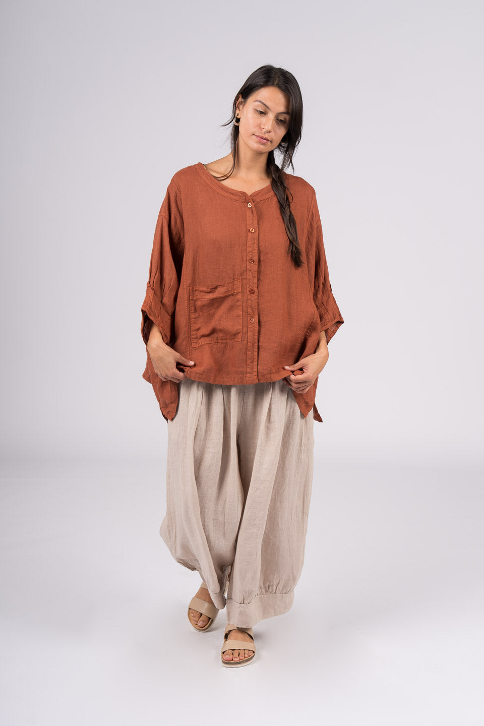 Montaigne Agathe Short Sleeve Linen Top Rust3