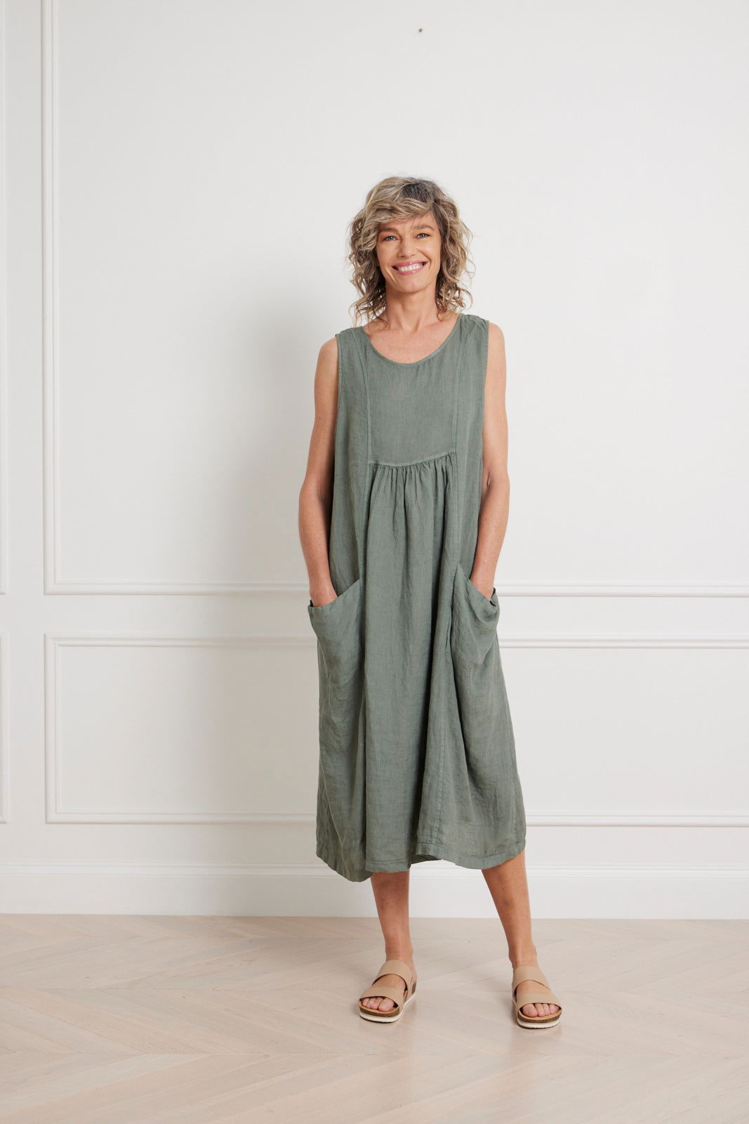 Montaigne Alize Linen Sleeveless Dress with Deep Pockets Khaki