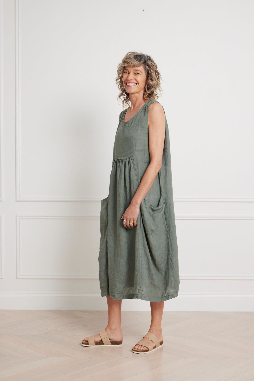 Montaigne Alize Linen Sleeveless Dress with Deep Pockets Khaki1