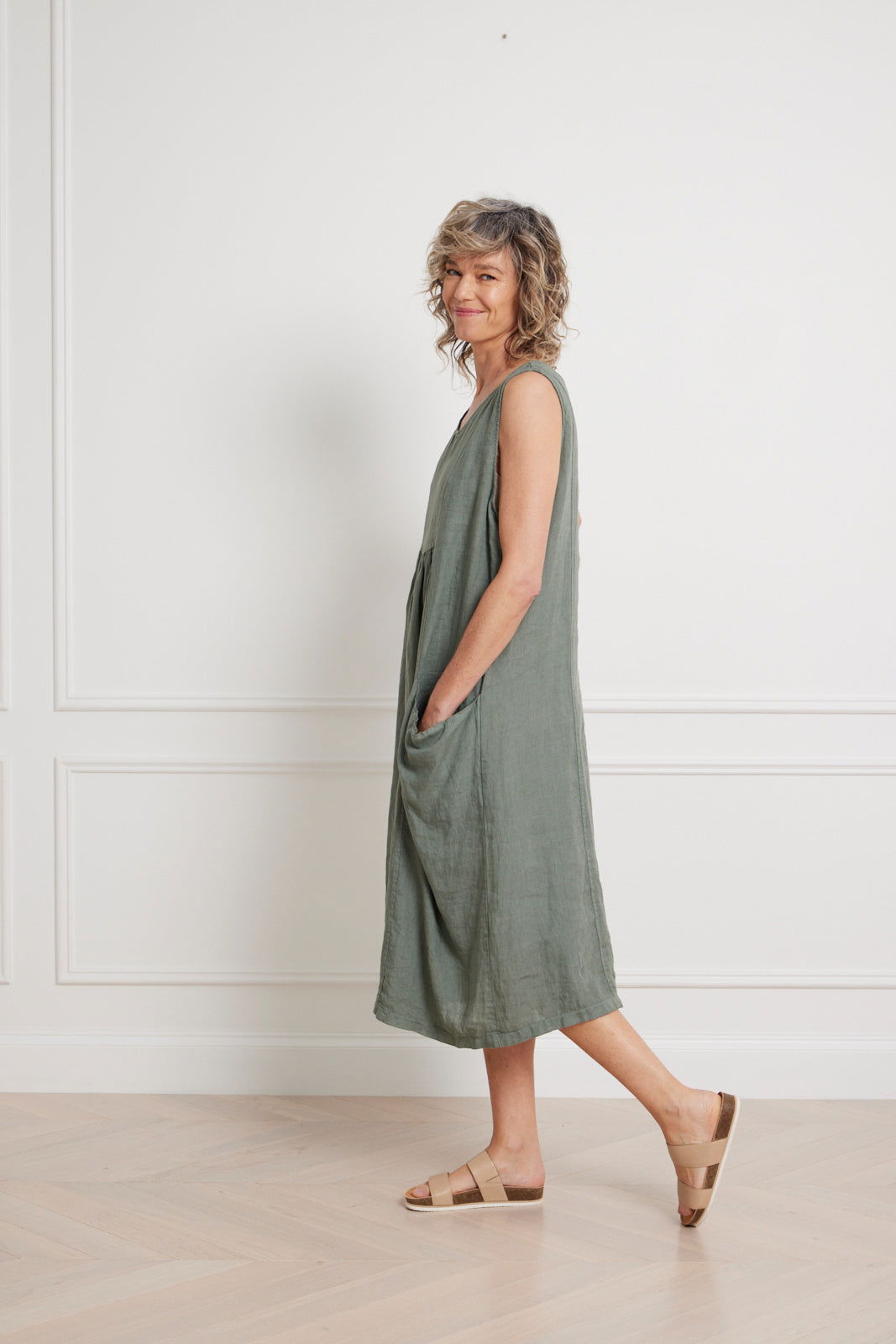 Montaigne Alize Linen Sleeveless Dress with Deep Pockets Khaki2