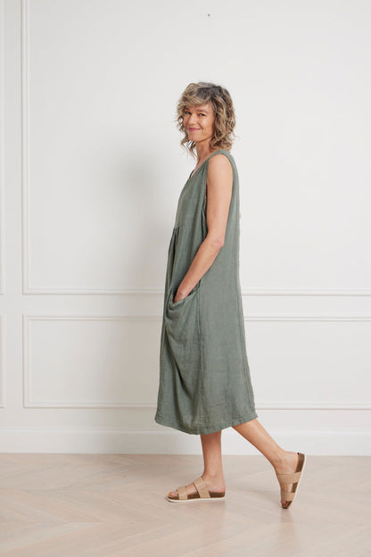 Montaigne Alize Linen Sleeveless Dress with Deep Pockets Khaki2