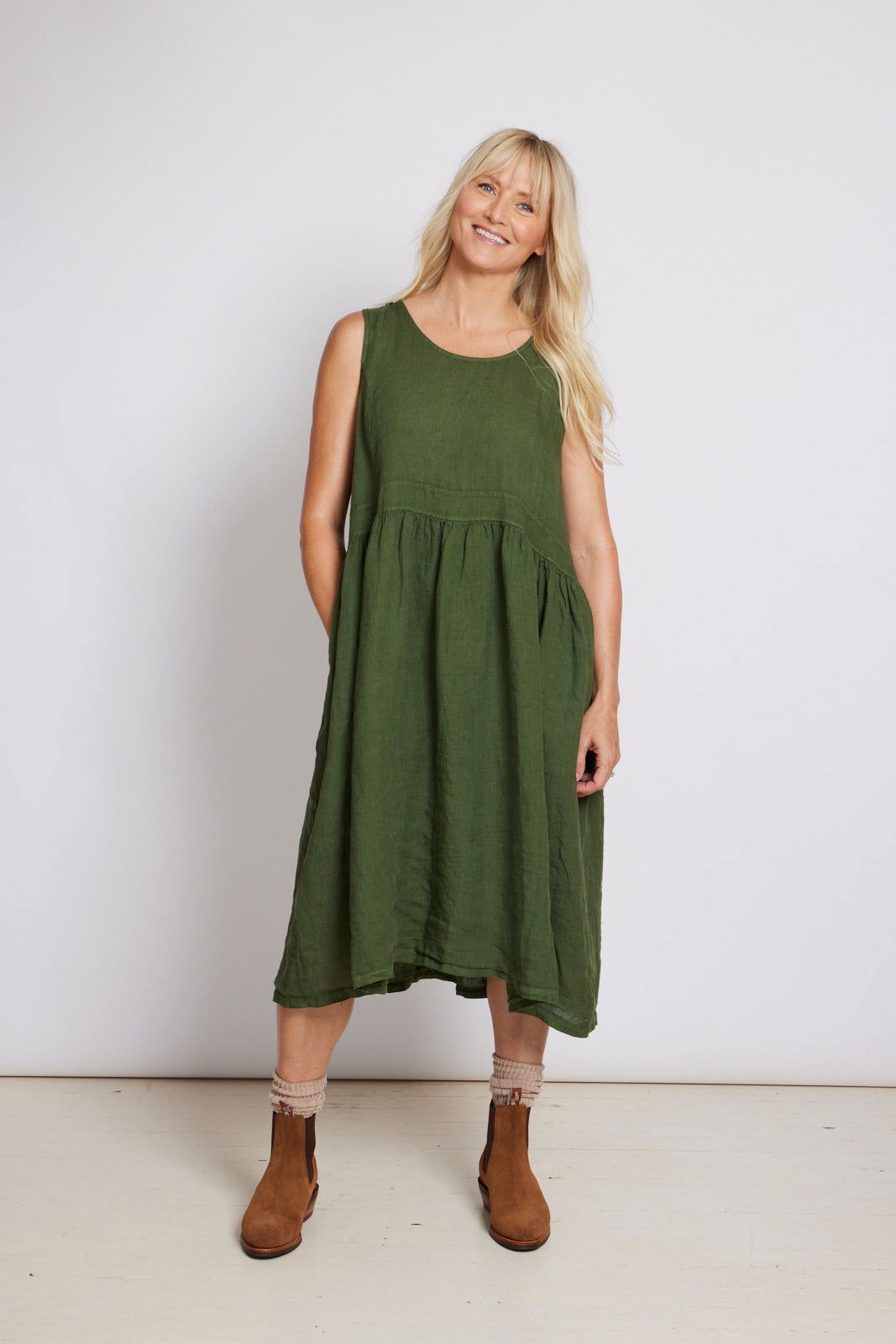 Montaigne Annie Sleeveless Linen Dress Forest Green
