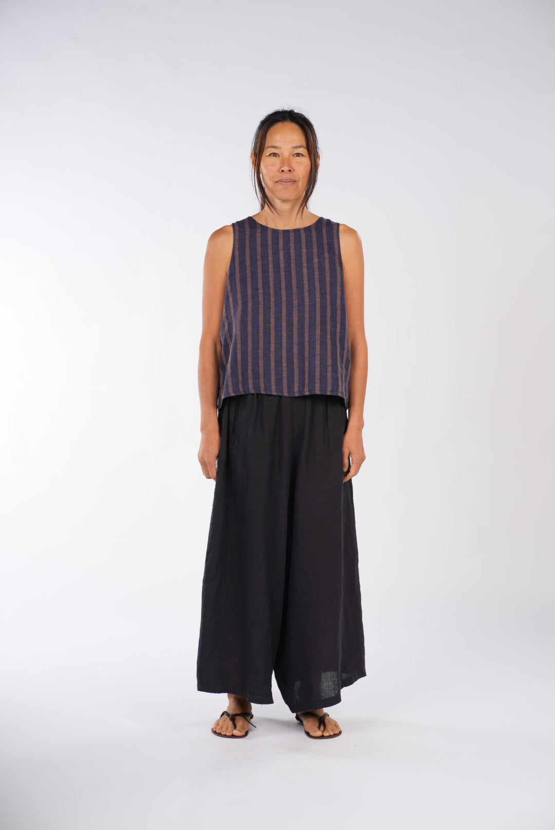 Montaigne Ava Linen Cami Top In Stripe Blue/Beige