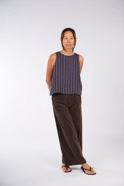 Montaigne Ava Linen Cami Top In Stripe Blue/Beige6
