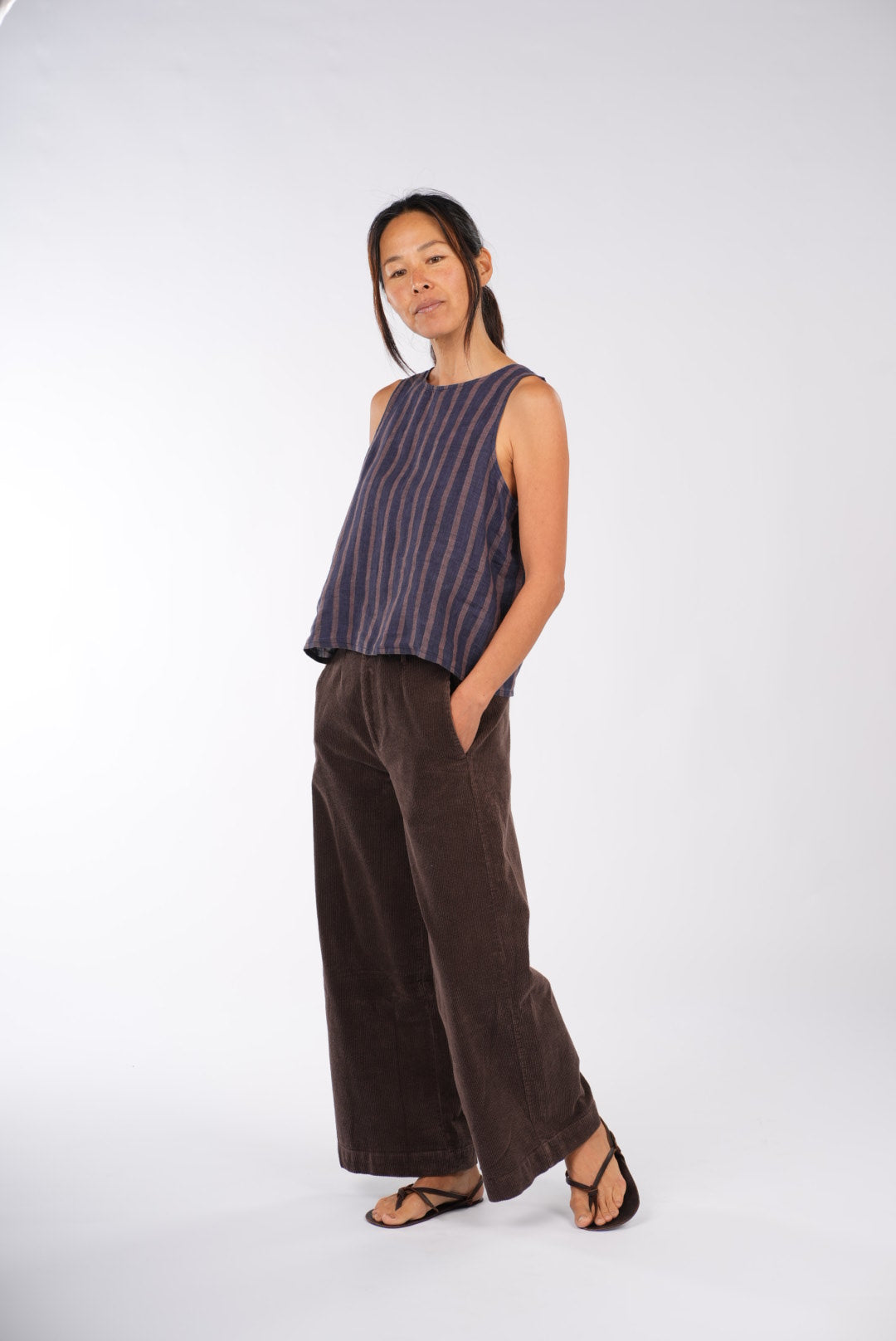 Montaigne Ava Linen Cami Top In Stripe Blue/Beige9