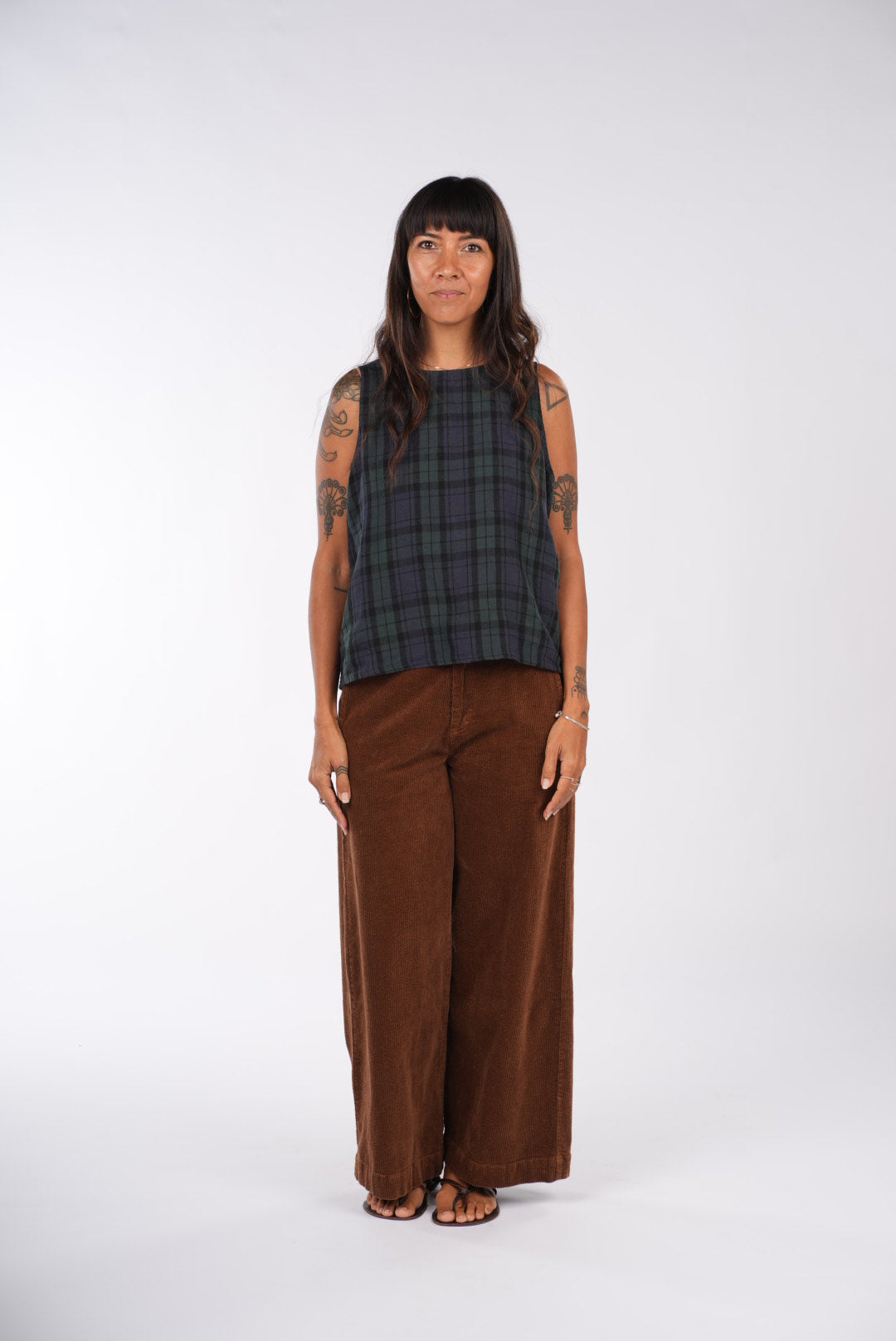 Montaigne Ava Linen Cami Top In Tartan Blue4