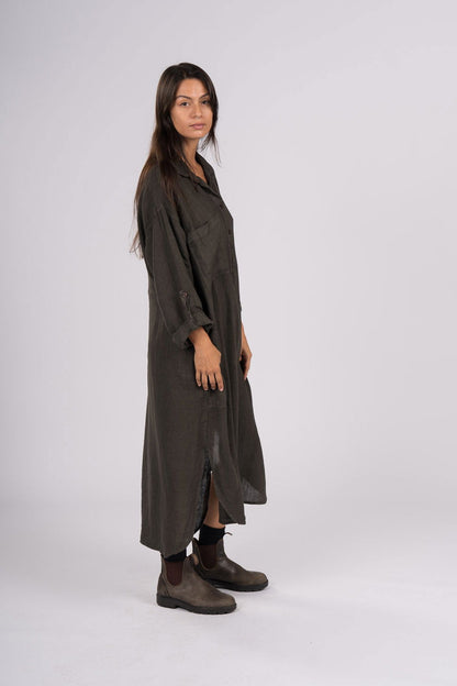 Montaigne Biarritz Oversized Linen Shirt Dress Chocolate 