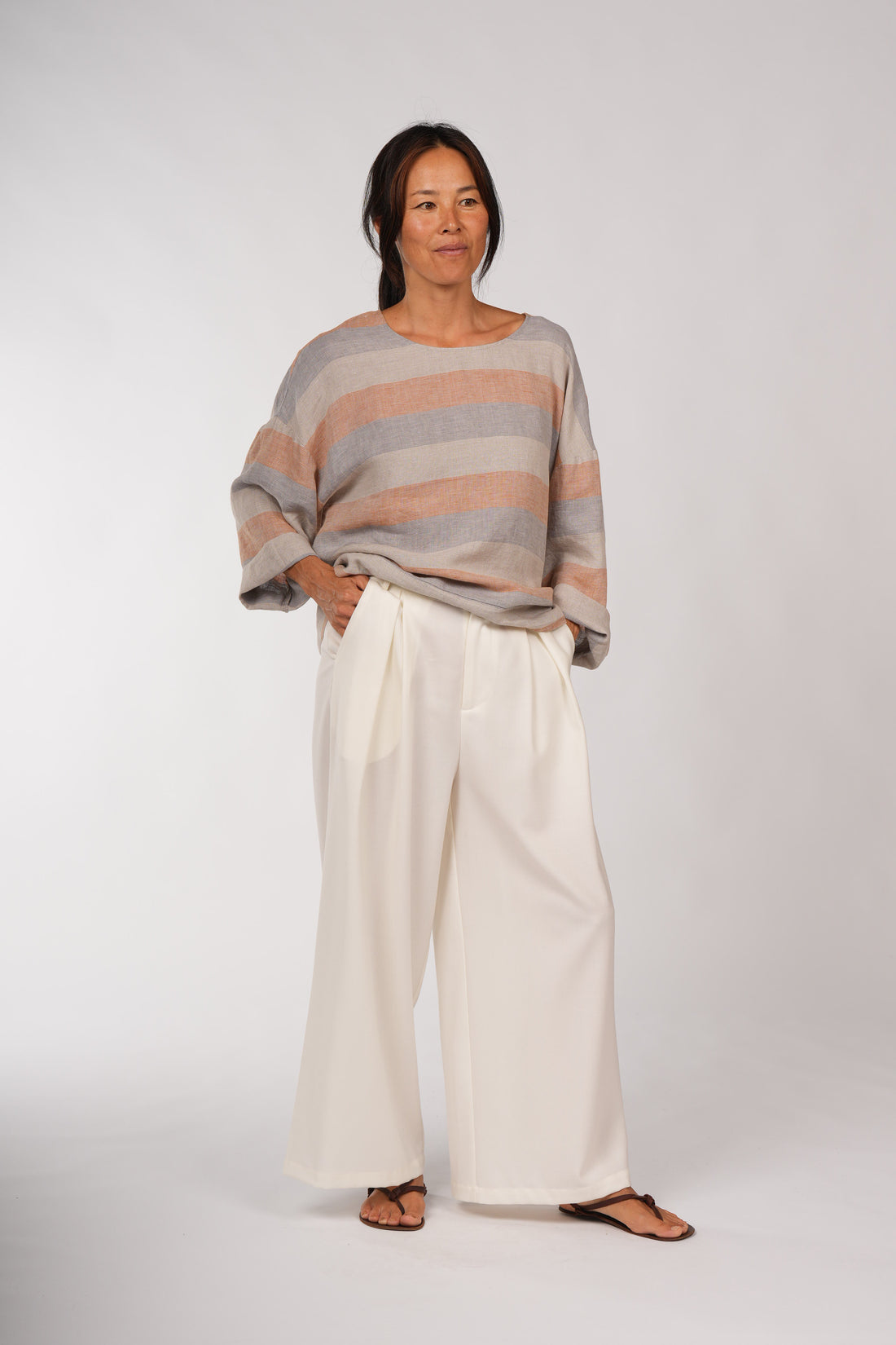 Montaigne Binoche French Stripe Linen Top Orange
