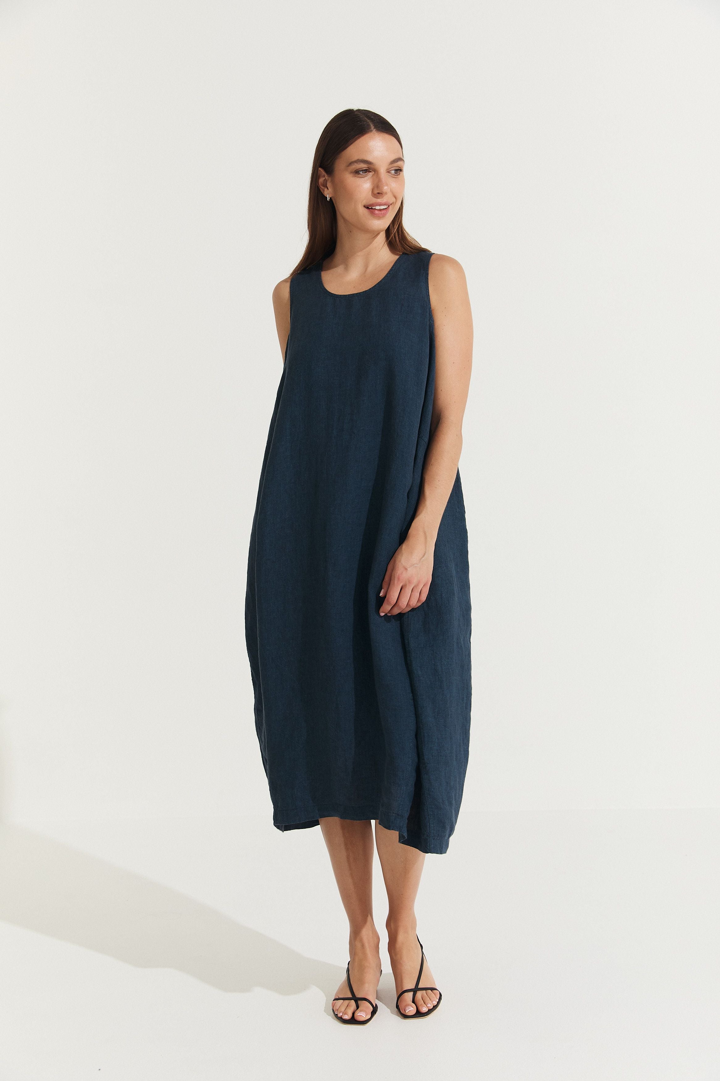 Montaigne Cleo Linen Tulip Dress Navy