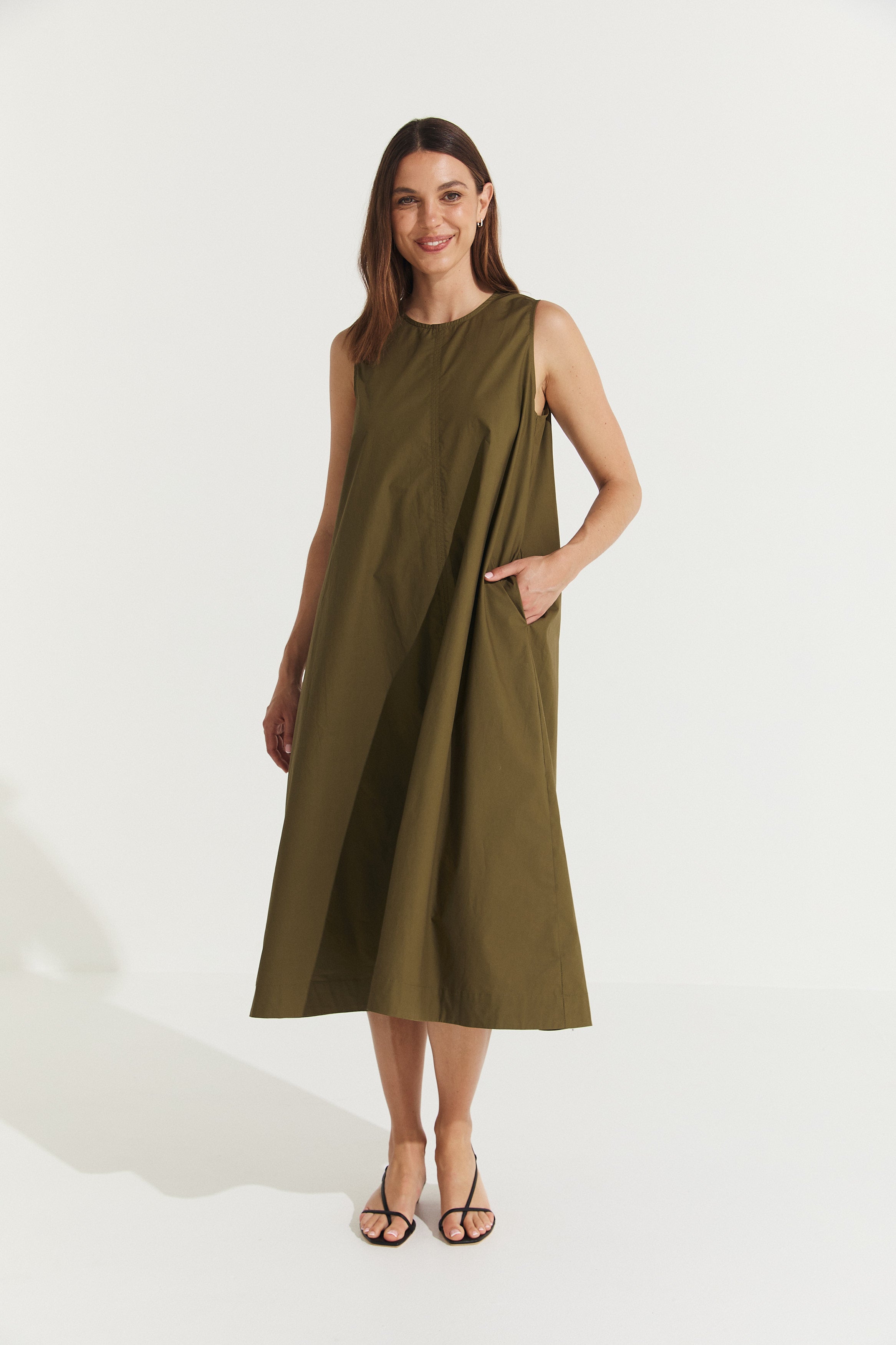 Montaigne Delphine Cotton Shift Dress Olive