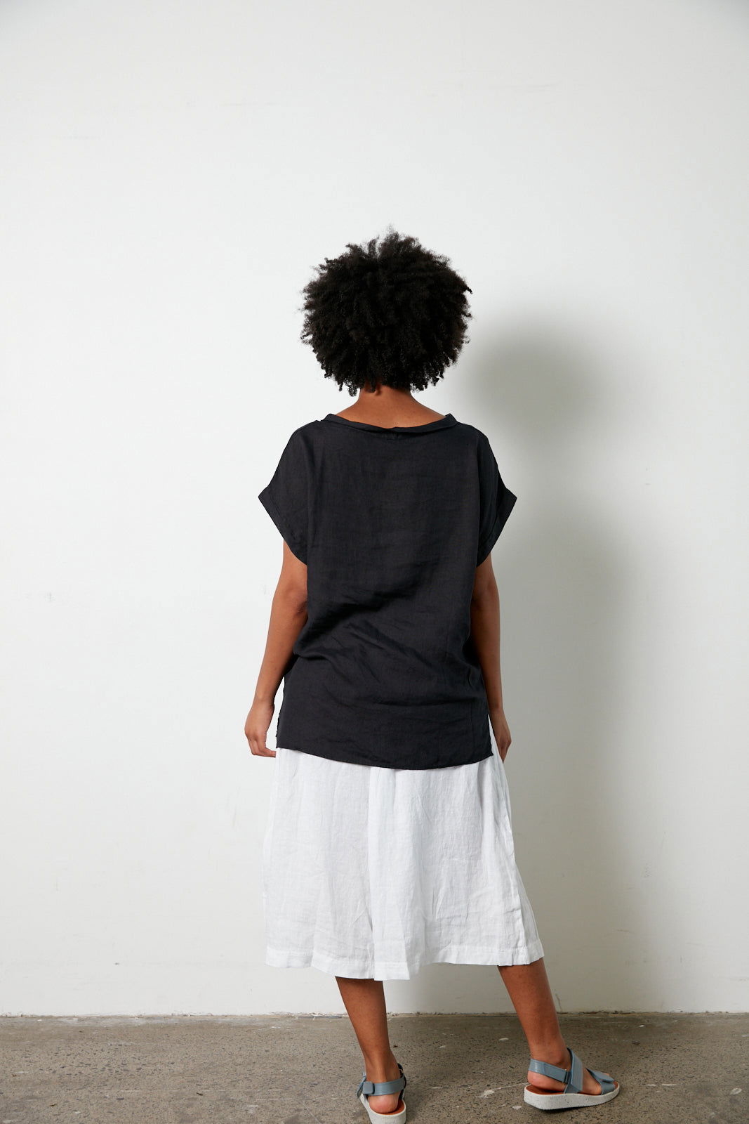 Montaigne European Linen Short Sleeve Top with Semi Cowl Neck Black1