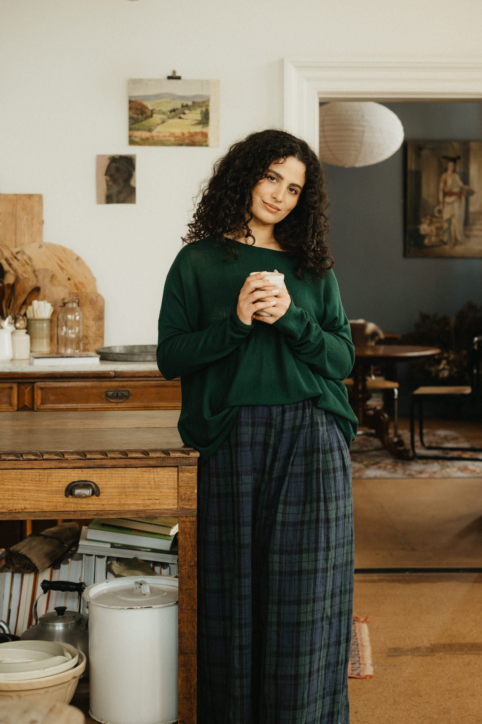 Montaigne Freya French Linen Pants in Blue Tartan Blue1