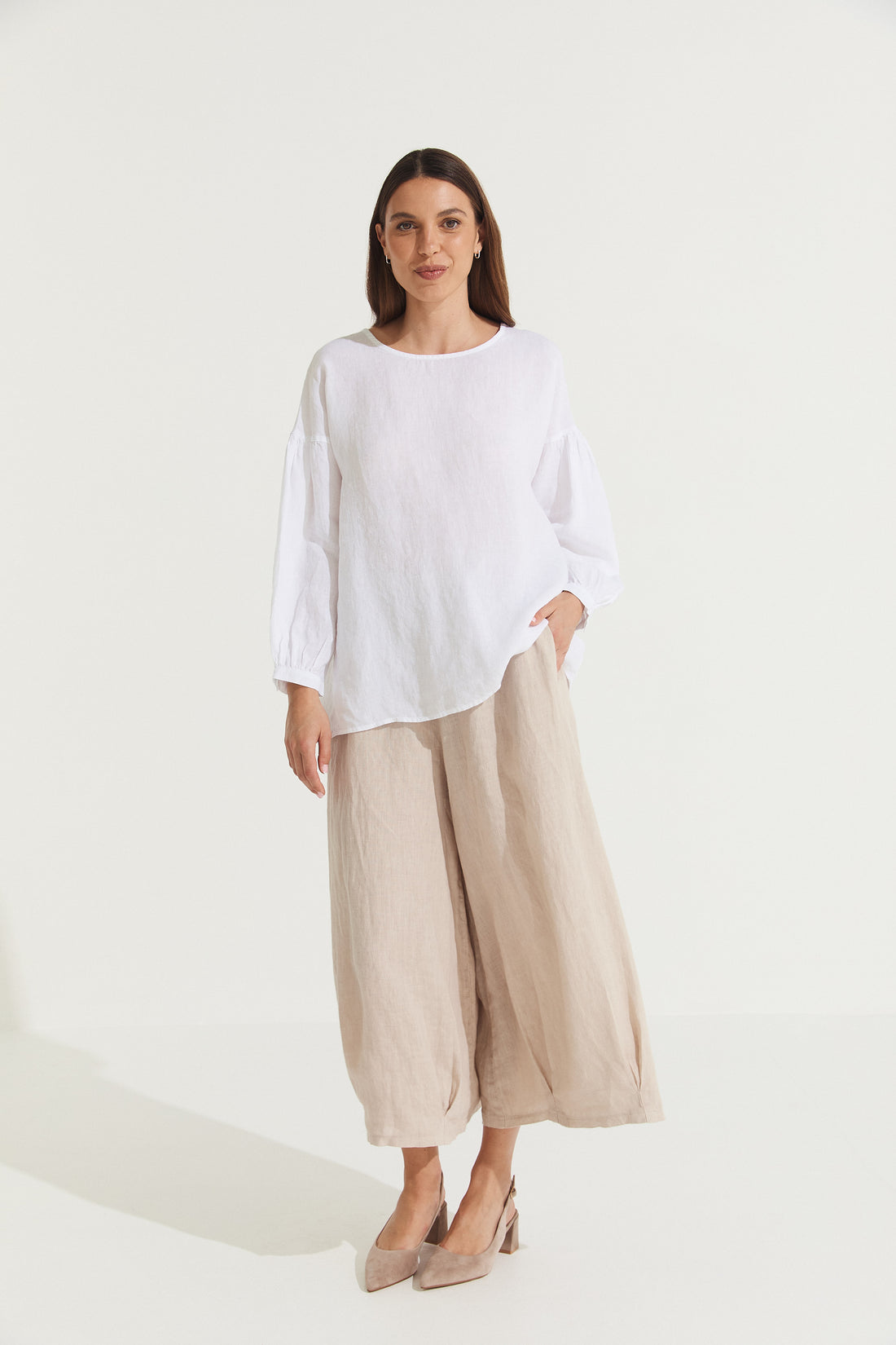 Montaigne Gina Linen Long Sleeve Top White2