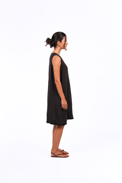 Montaigne Grace Linen Shift Dress with Raw Seam Black4