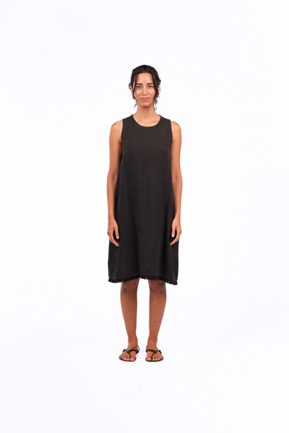 Montaigne Grace Linen Shift Dress with Raw Seam Black6