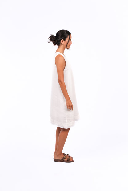 Montaigne Grace Linen Shift Dress with Raw Seam White3