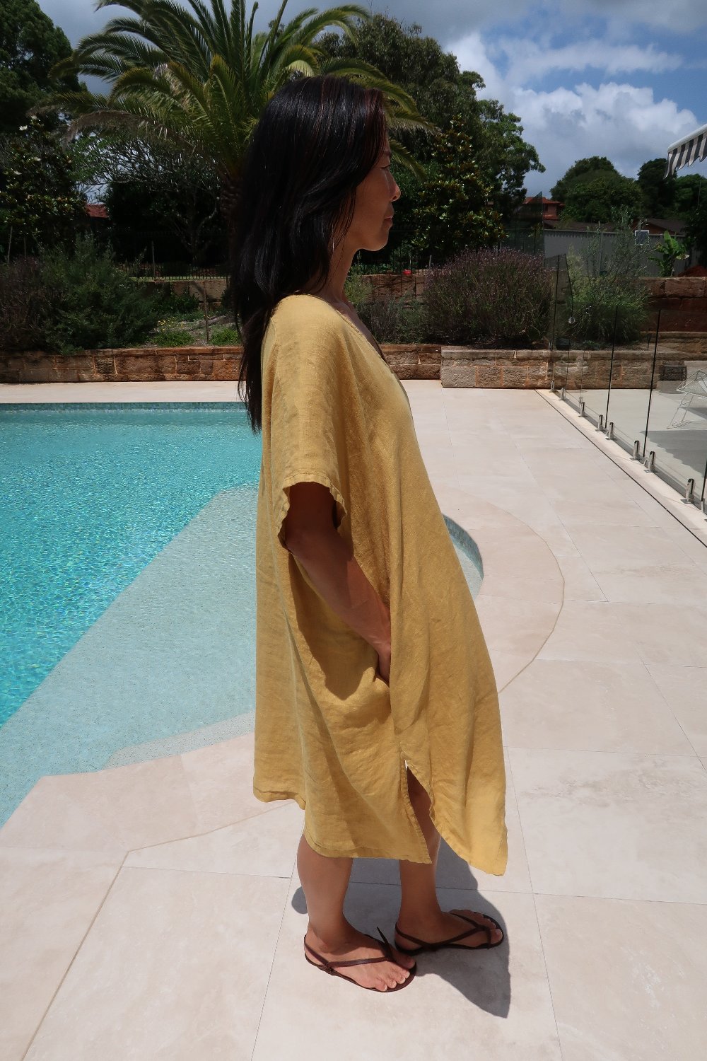 Montaigne Jacqueline Linen Kaftan Mustard1