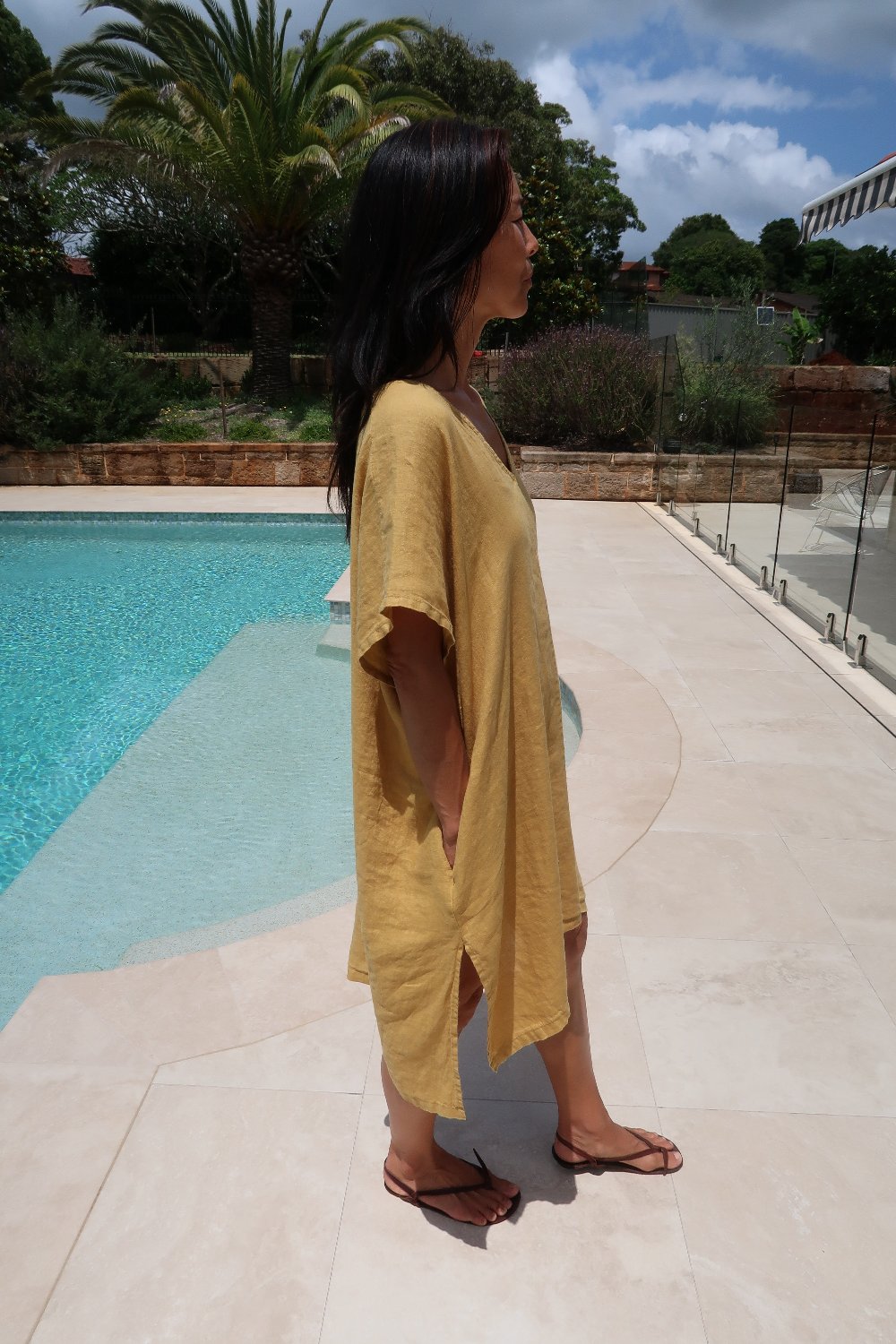 Montaigne Jacqueline Linen Kaftan Mustard2