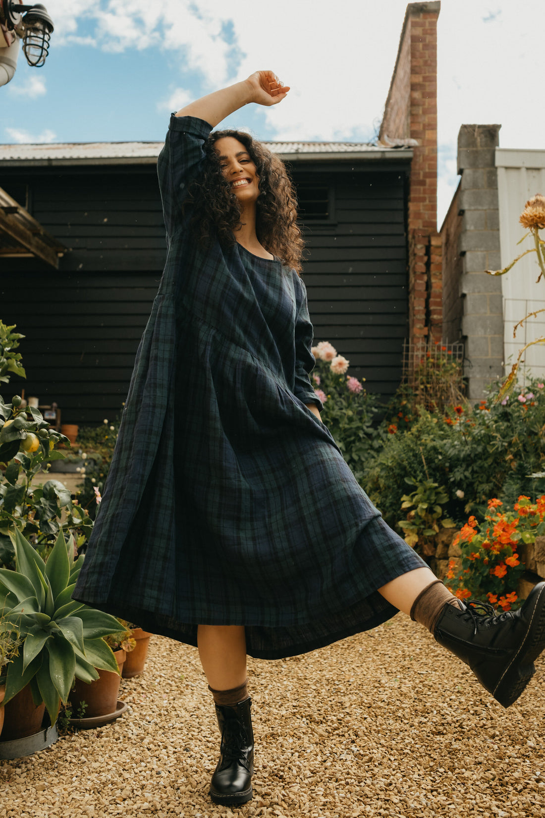 Montaigne Journee French Linen Dress In Blue Tartan Blue6