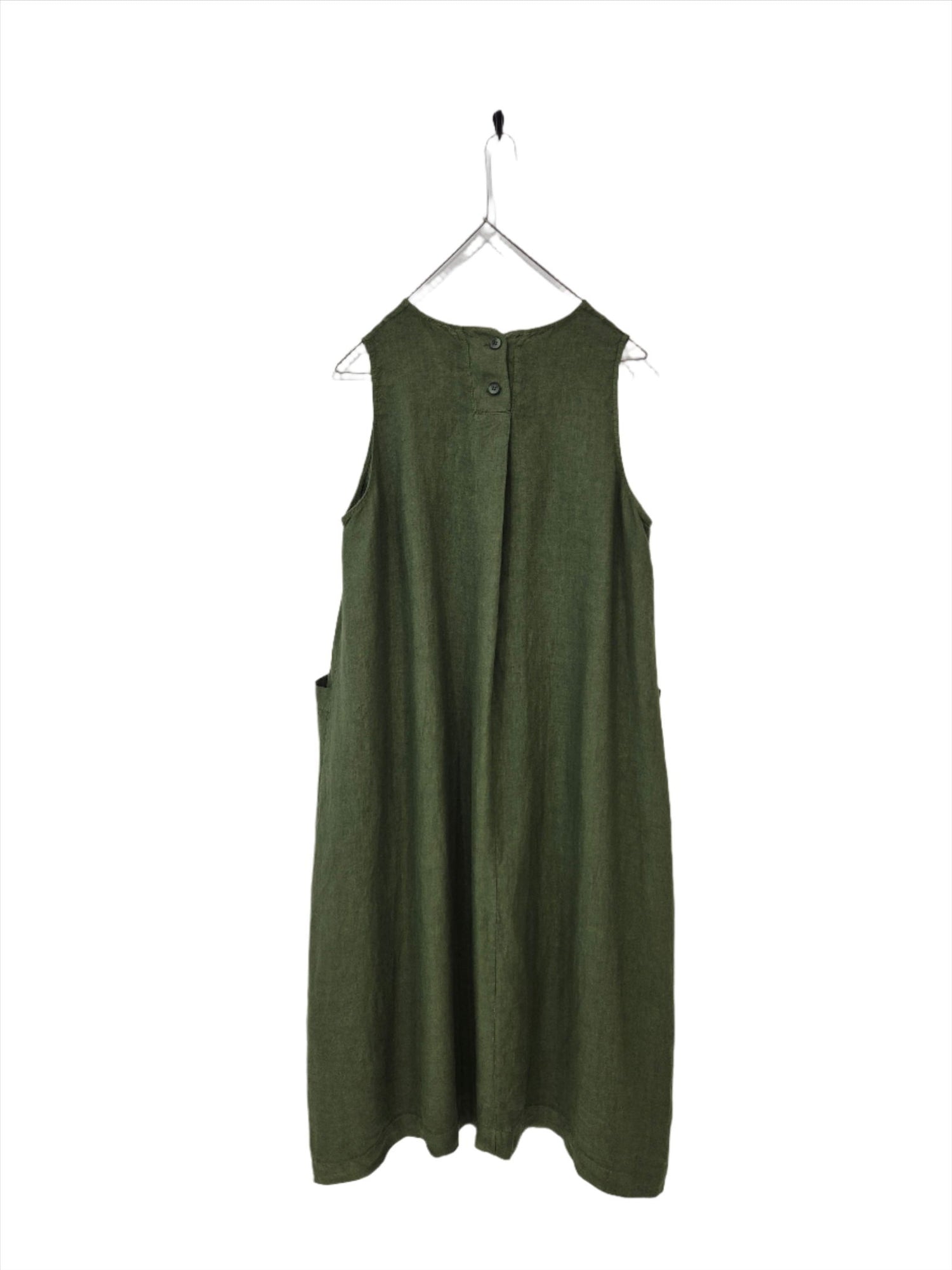 Montaigne Linen Dress with Deep Front Pockets Forest Green1