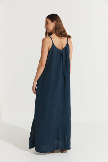 Montaigne Virginie Linen Maxi Dress with Side Splits Navy4