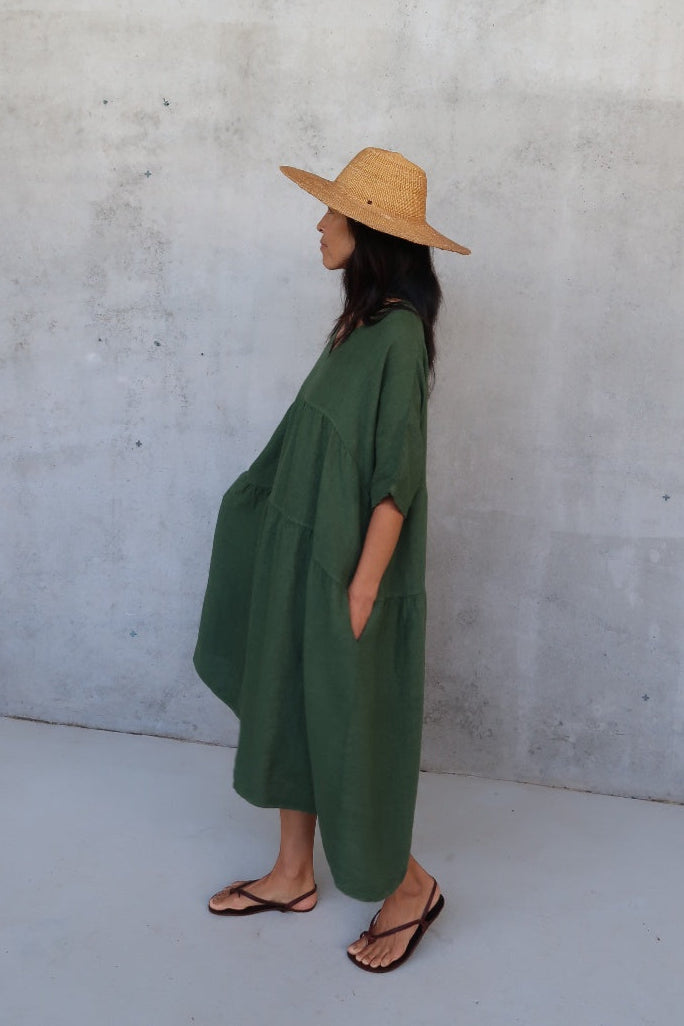 Montaigne Louloute Linen Smock Dress with Pockets Forest Green