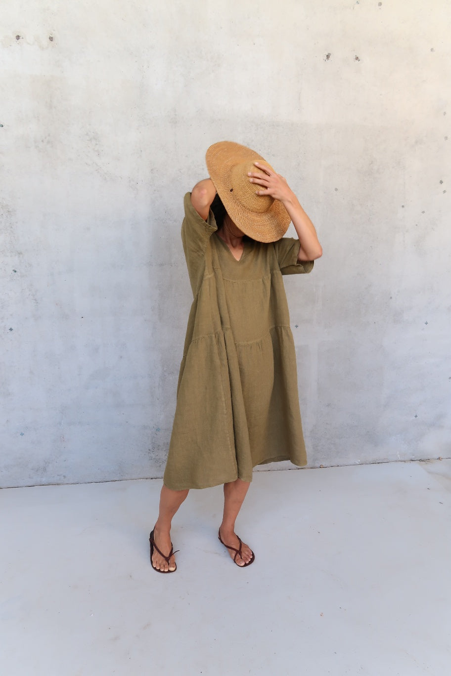 Montaigne Louloute Linen Smock Dress with Pockets Moss