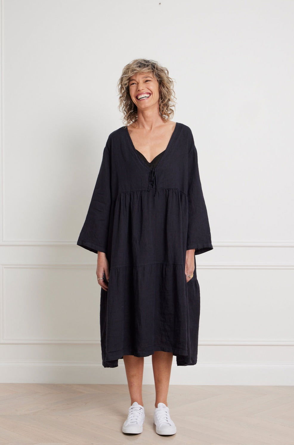 Montaigne Marche Linen Dress with Front Tie Navy