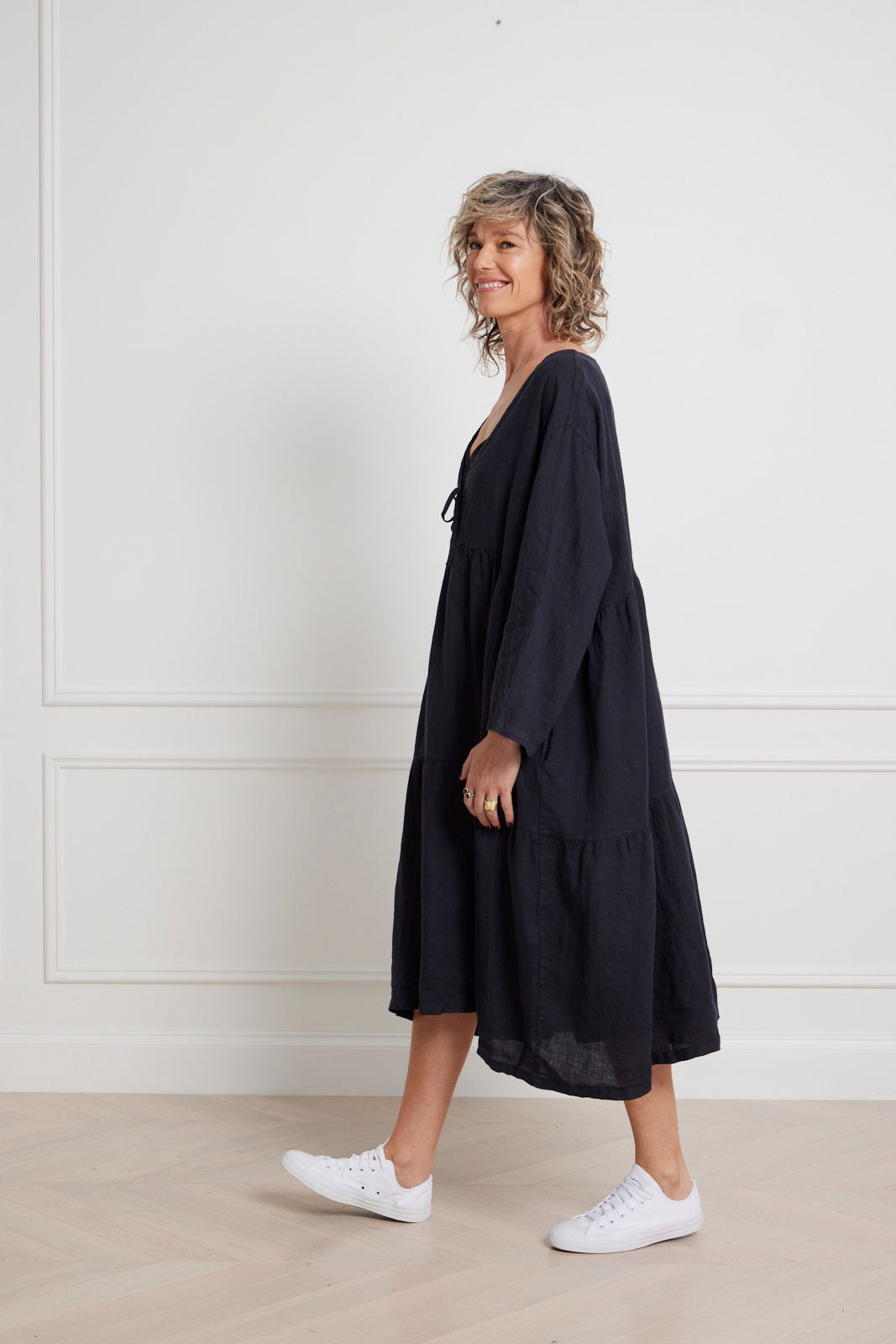 Montaigne Marche Linen Dress with Front Tie Navy1