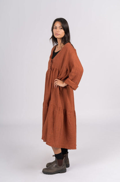 Montaigne Marche Linen Dress with Front Tie Rust