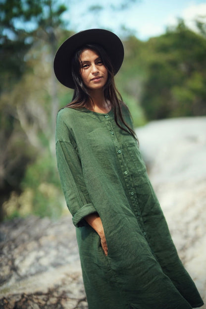 Montaigne Marion Linen Button-Up Dress Forest Green1