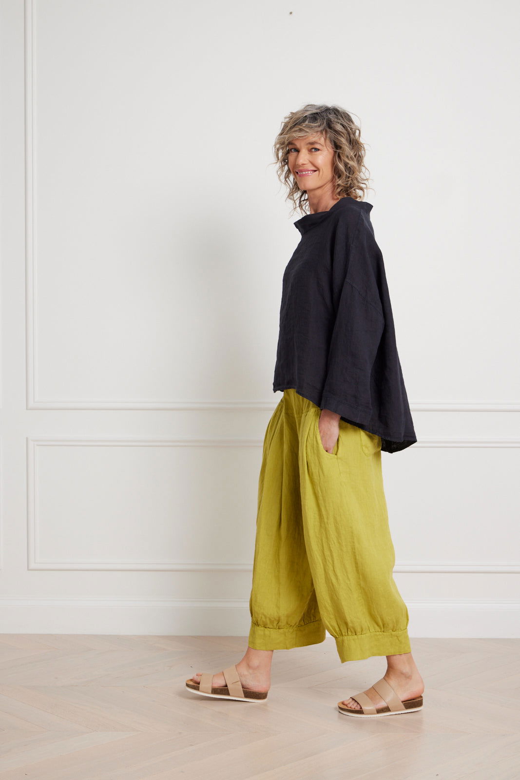 Montaigne Mathilde Linen Boat Neck 3/4 Sleeve Top Navy