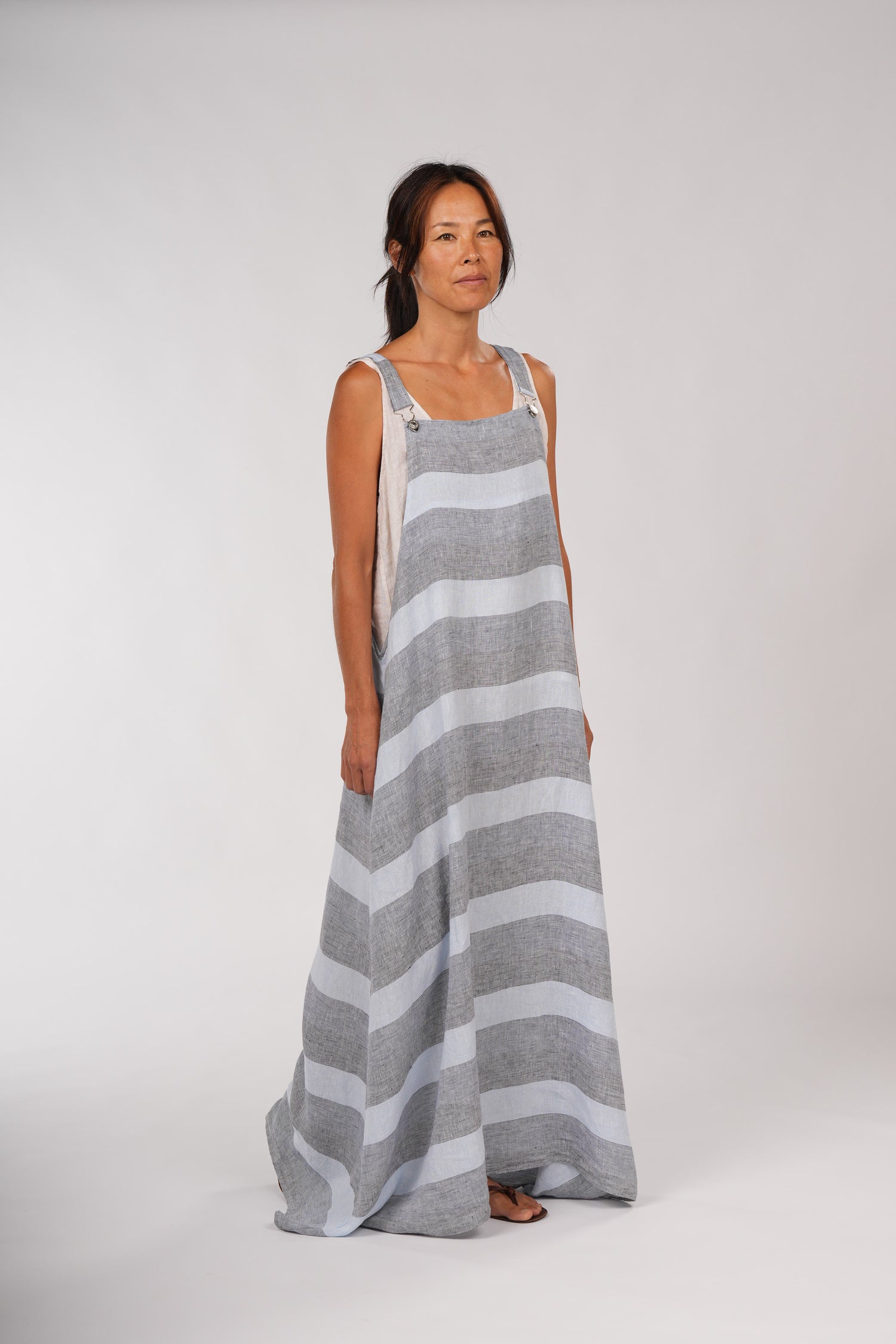 Montaigne Overall-Style Maxi Linen Dress in Blue Stripe3
