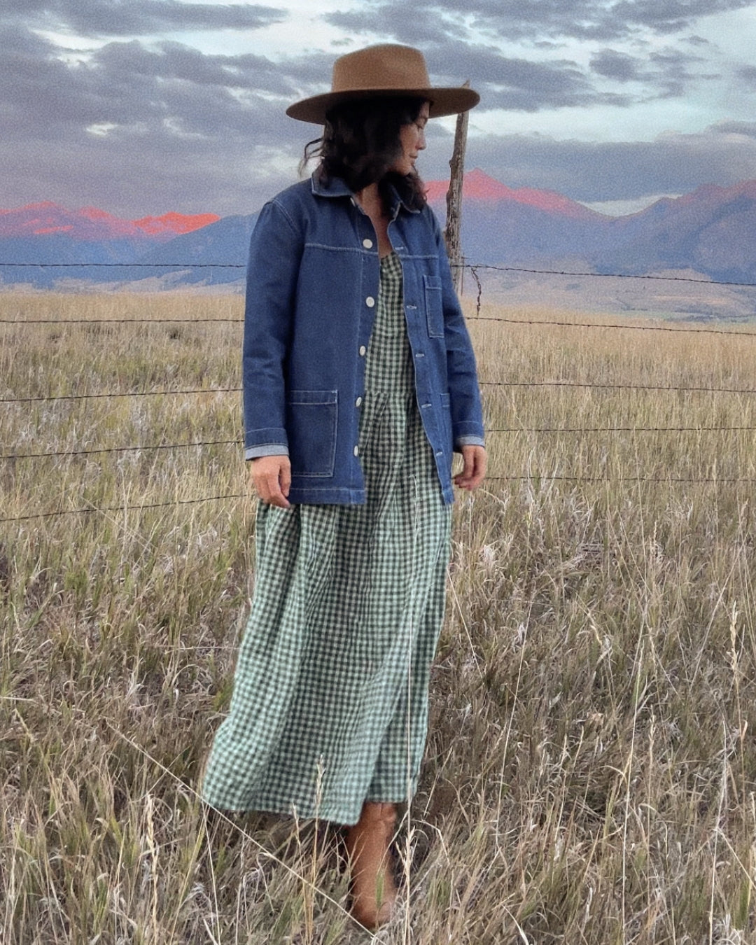 Our Journee Linen Dress Green Gingham Check shown on our model paired with a classic denim jacket and leather boots.