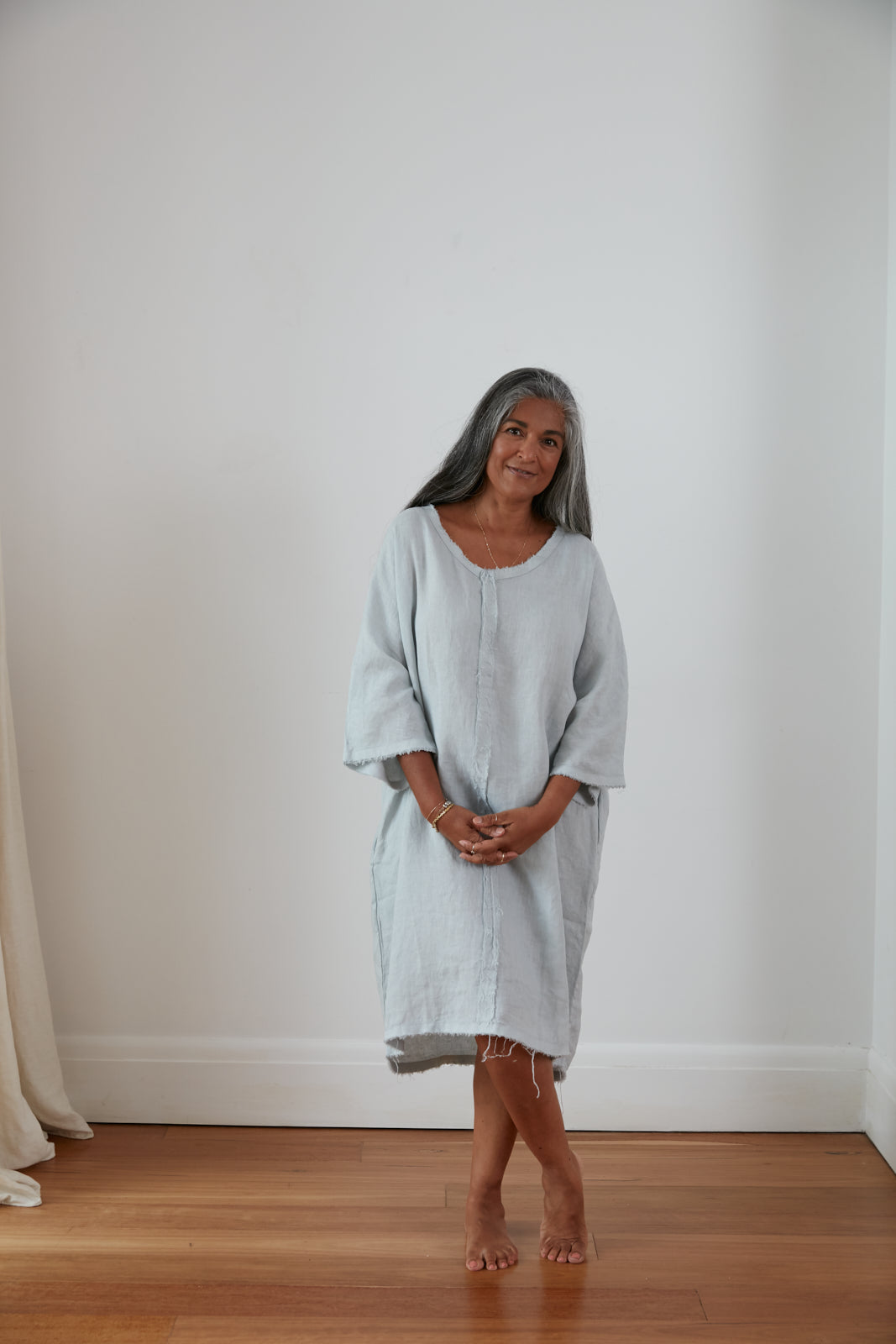 Montaigne Pascal Linen Shift Dress with Distressed Hem Silver