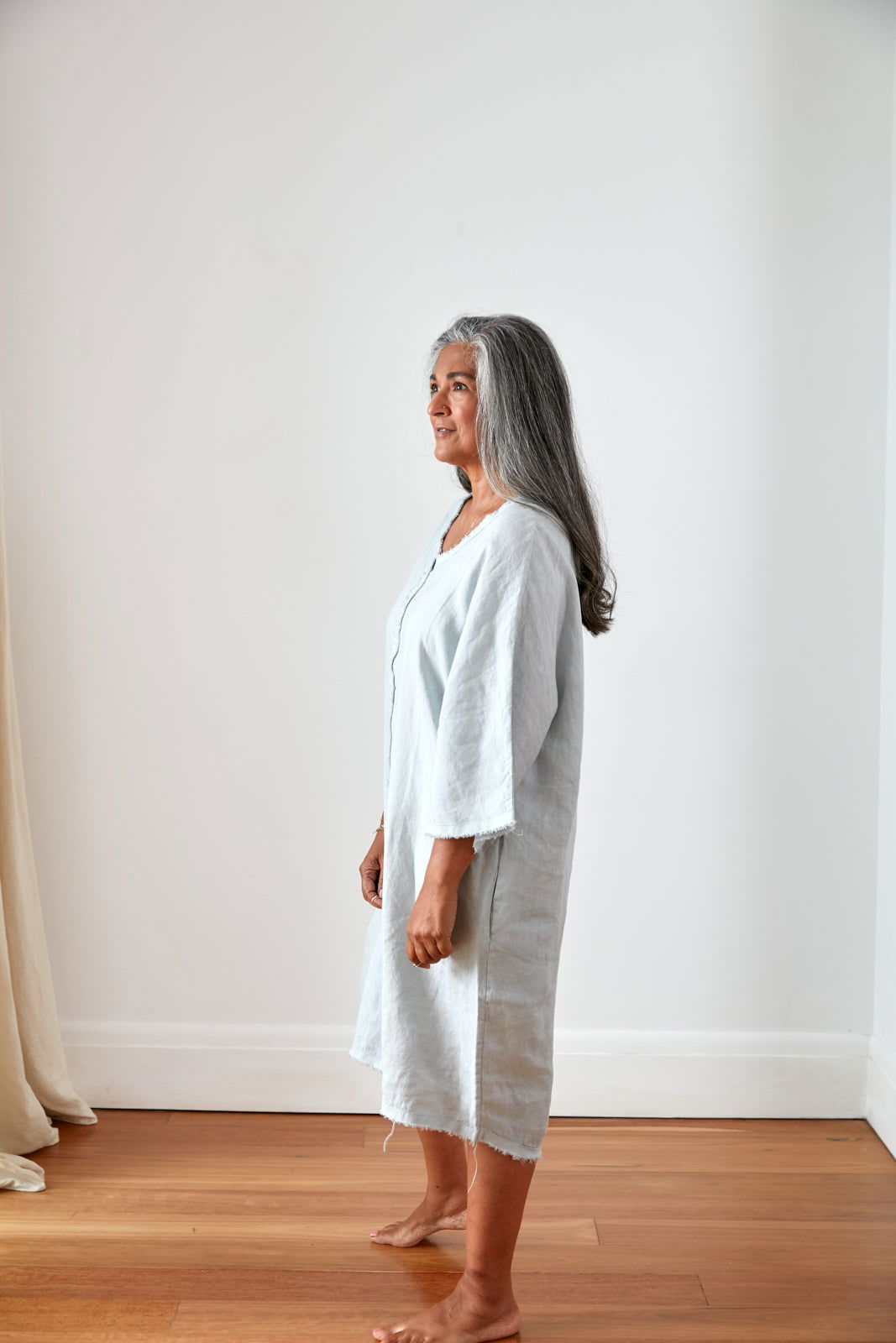 Montaigne Pascal Linen Shift Dress with Distressed Hem Silver1