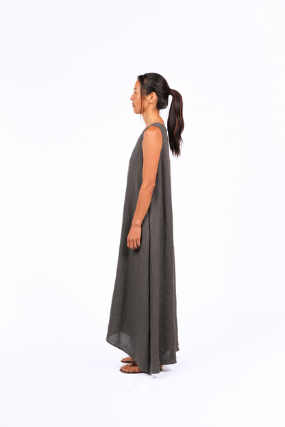 montaigne picasso a-line linen maxi dress petrol
