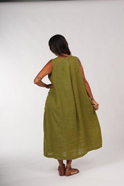 Montaigne Remy Linen Dress with Deep Front Pockets Acid Green2