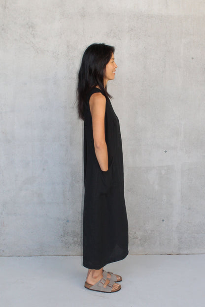 Montaigne Remy Linen Dress with Deep Front Pockets Black
