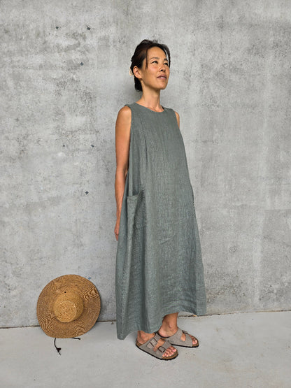 Montaigne Remy Linen Dress with Deep Front Pockets Khaki