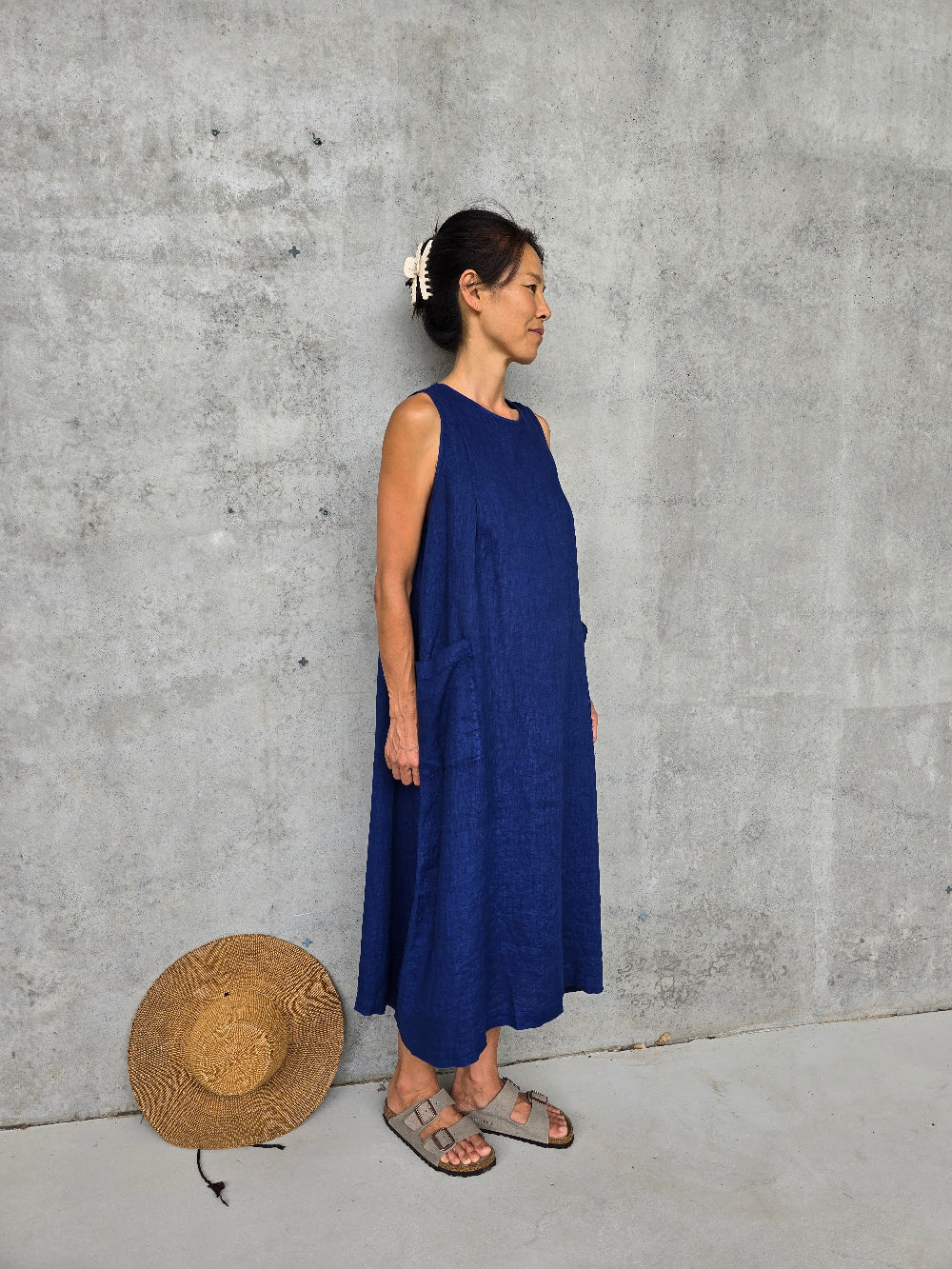 Montaigne Remy Linen Dress with Deep Front Pockets Royal Blue 
