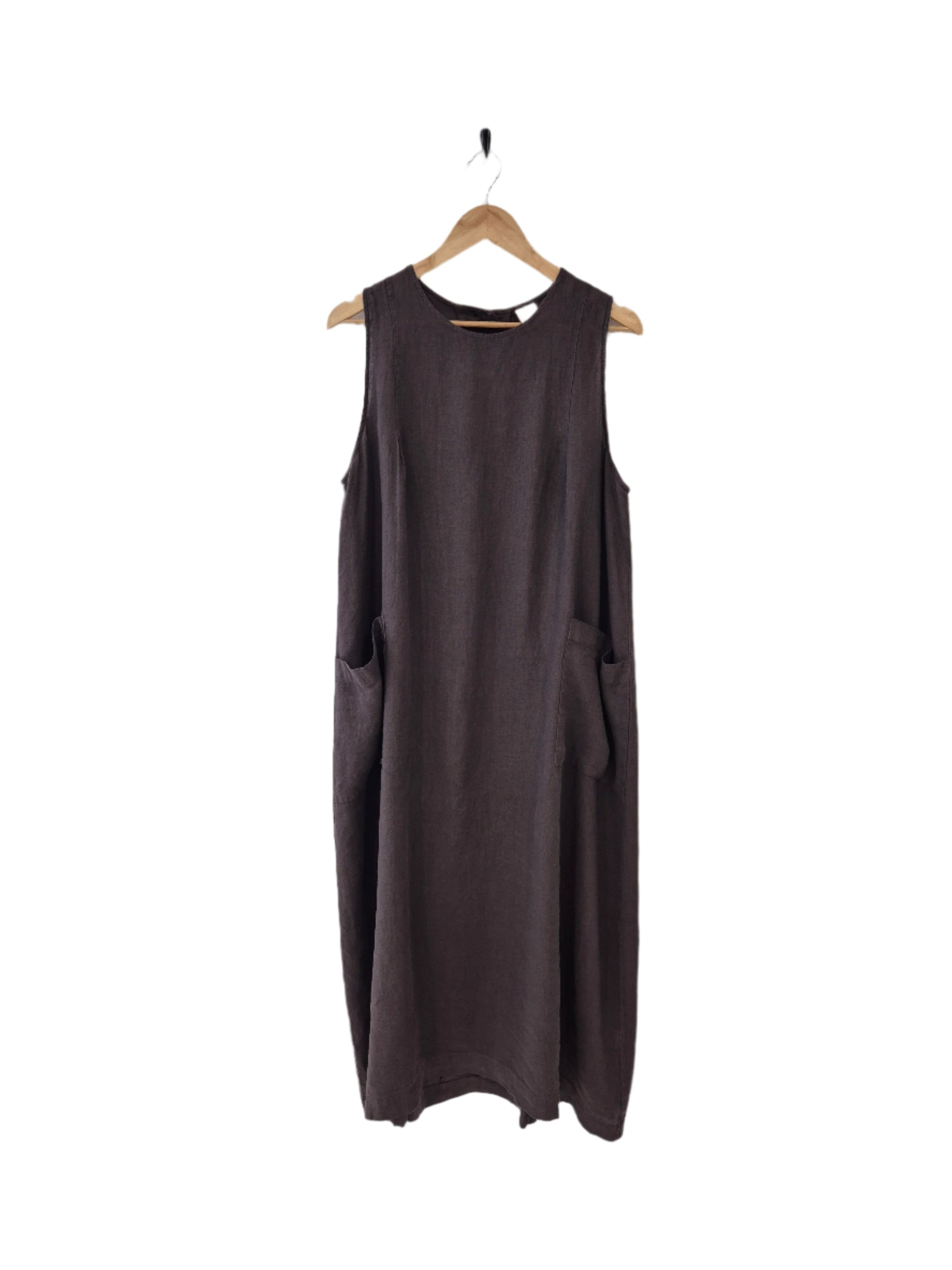 Montaigne Remy Linen Dress with Deep Front Pockets Rum Raisin