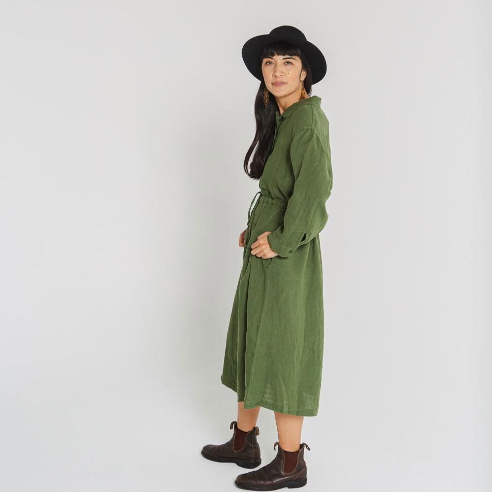 Montaigne Rodin Linen Drawstring Dress Forest Green