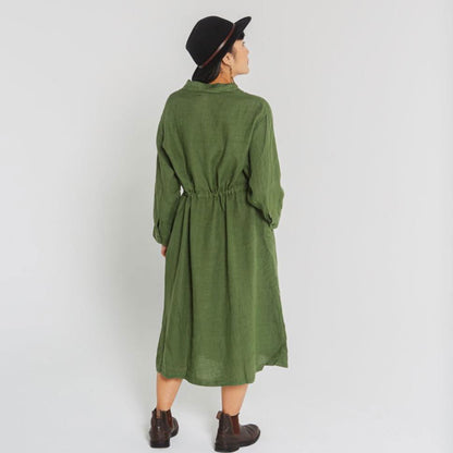 Montaigne Rodin Linen Drawstring Dress Forest Green1