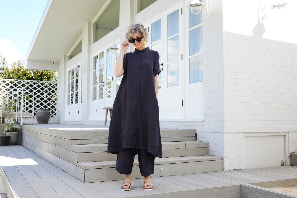 Montaigne Salomé Classic Linen Shirt Dress Navy